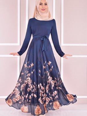 Moda Merve İndigo Şifon Abiye Elbise