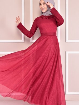 Moda Merve Kırmızı Simli Abiye Elbise