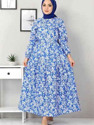Tesettür Dünyası Mavi Çiçekli Kloş Elbise