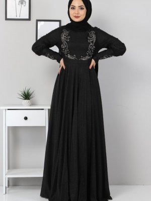 MISSVALLE Siyah Dantel Detaylı Simli Abiye Elbise