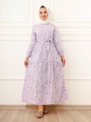 Moda Dua Lila Pileli Kuşaklı Elbise