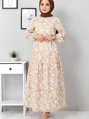 Tesettür Dünyası Vizon Çiçekli Kloş Elbise