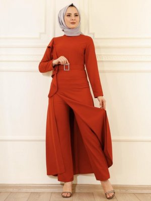 Moda Dua Kiremit Yandan Fırfırlı Tunik&pantolon Abiye Elbise Takım