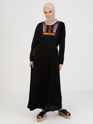 Elis Şile Bezi Siyah Şile Bezi Nakış Detaylı Elbise