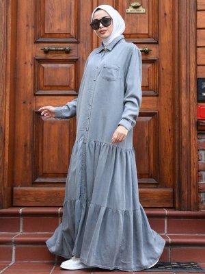 Neways Gri Düğme Detaylı Kot Elbise
