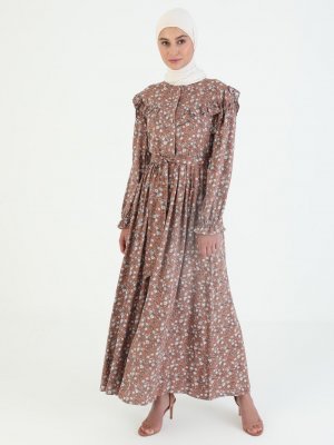 Ziwoman Kahverengi Desenli Fırfır Detaylı Elbise
