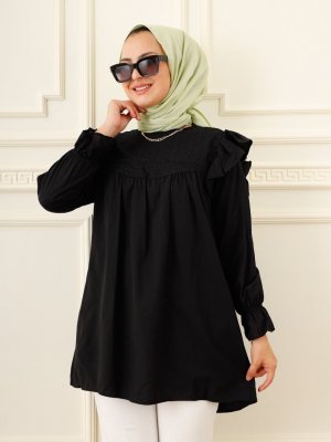 Moda Dua Siyah Pile Detaylı Gömlek Tunik