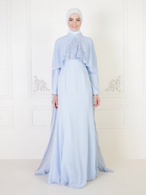 ENSANUR MODA İndigo Boncuk Detaylı Güpürlü Abiye Elbise