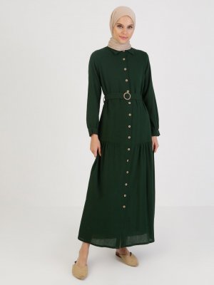 Elis Şile Bezi Yeşil Şile Bezi Düğme Detaylı Elbise