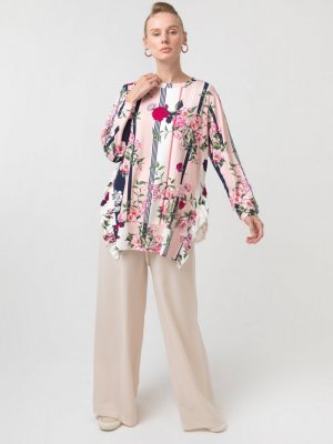 Touche Prive Pudra Floral Örme Fırfırlı Tunik