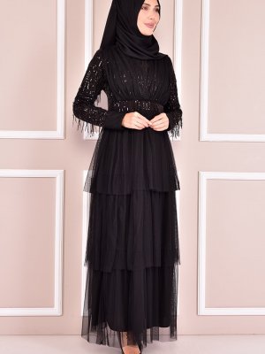 Moda Merve Siyah Pullu Abiye Elbise