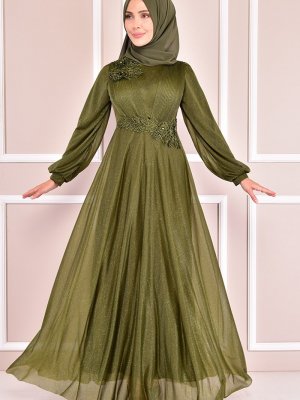 Moda Merve Haki Simli Abiye Elbise