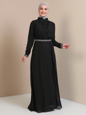 Tavin Siyah Taş Detaylı Tüllü Abiye Elbise