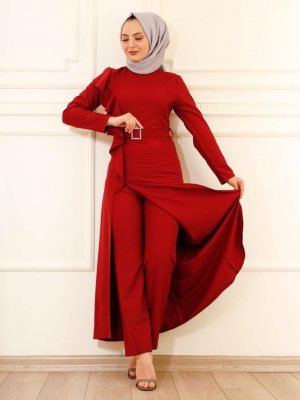 Moda Dua Bordo Yandan Fırfırlı Tunik&pantolon Abiye Elbise Takım