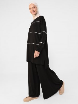 Refka Siyah Doğal Kumaşlı Biye Detaylı Tunik & Pantolon İkili Takım
