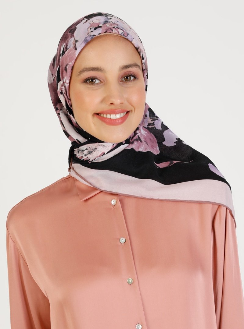 Miray Siyah Pudra Soft Floral Desen Eşarp