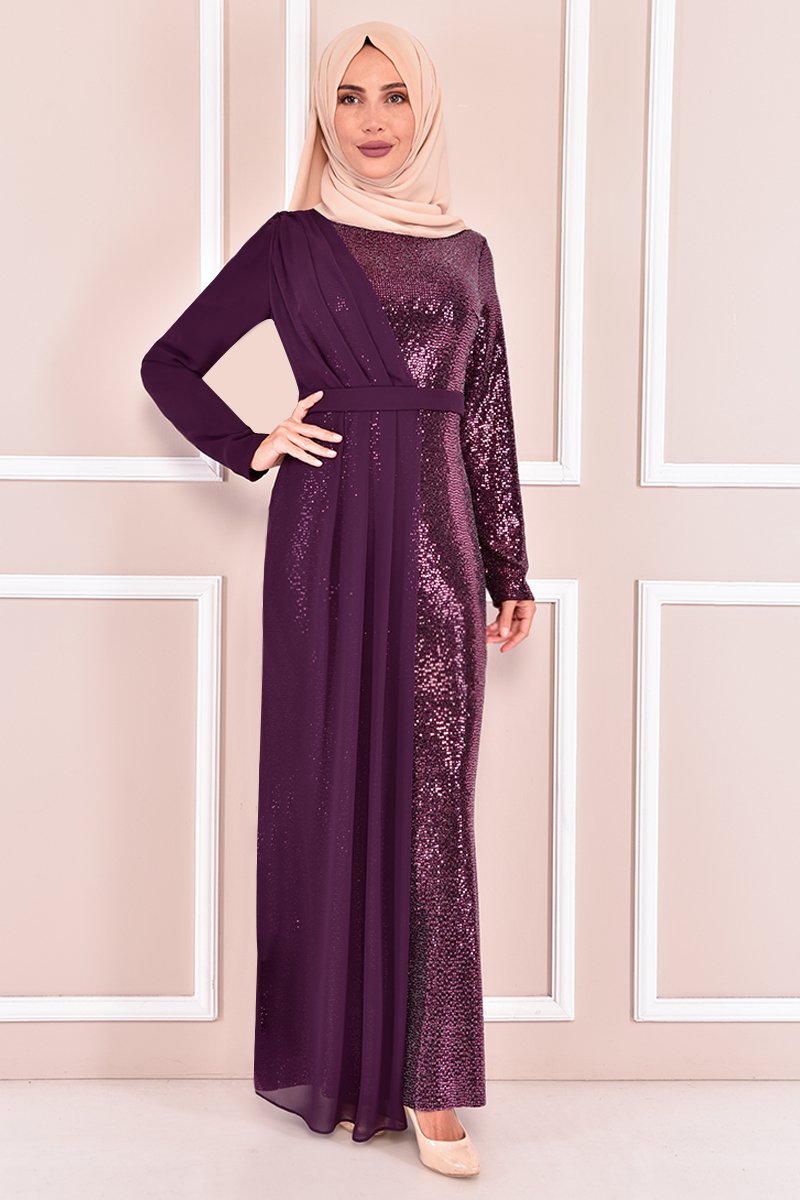 Moda Merve Mor Pul Payet Abiye Elbise