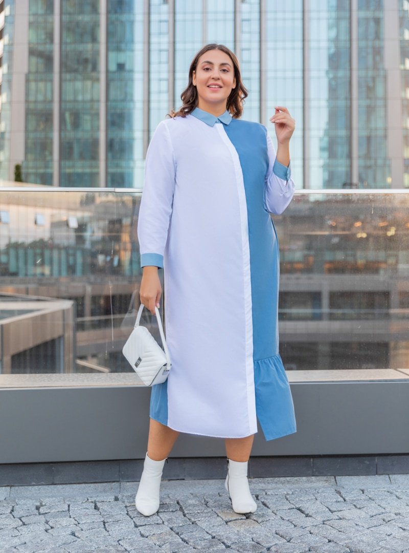 Alia Tonlu Mavi Büyük Beden Gizli Düğmeli İki Renkli Elbise