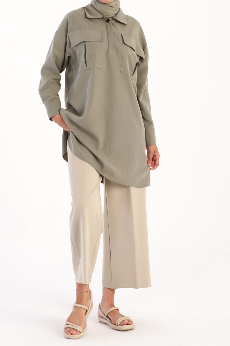 Allday Yeşil Açık Çift Cepli Tensel Tunik