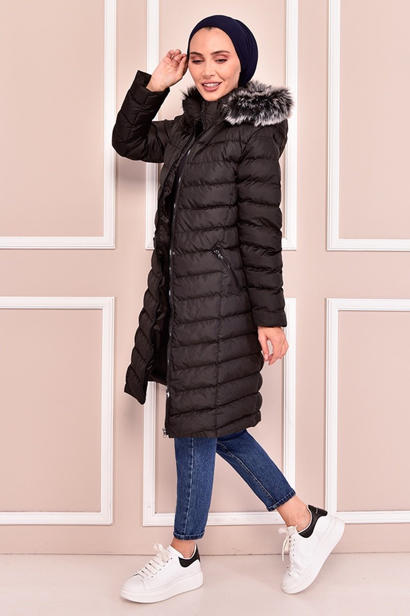 Moda Merve Siyah Kapüşonlu Şişme Mont