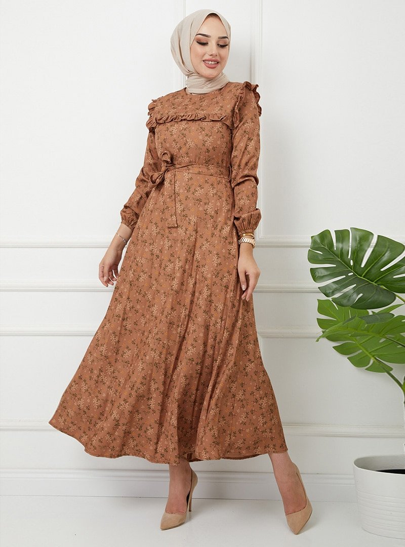 Olcay Camel Robave Kolu Fırfır Detaylı Çiçekli Elbise