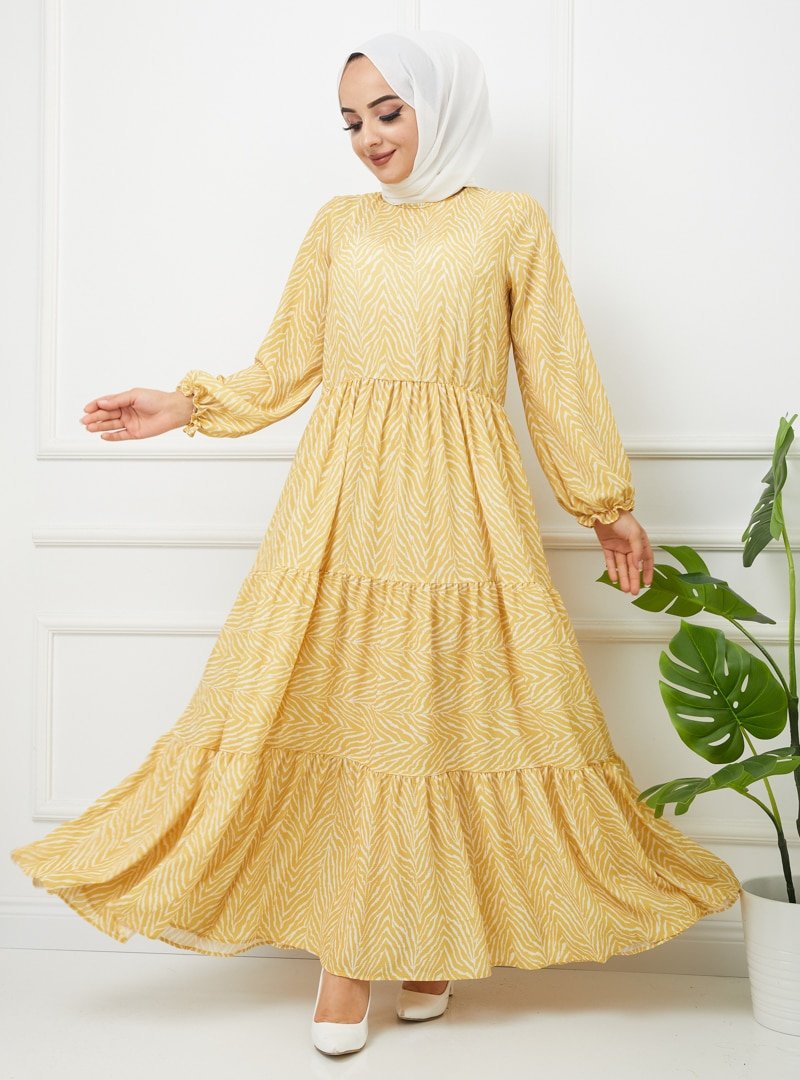 Efkeyem Sarı Alaçatı Desenli Elbise