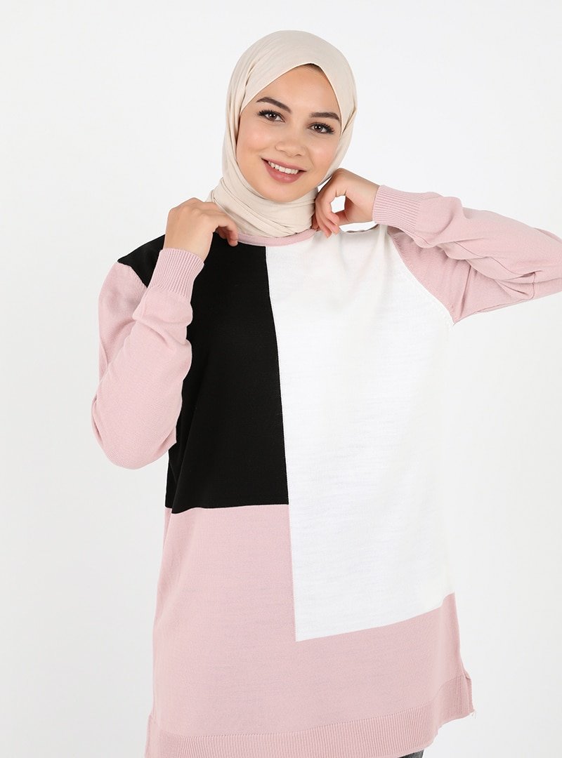 Tavin Pudra Bisiklet Yaka Color Block Triko Tunik