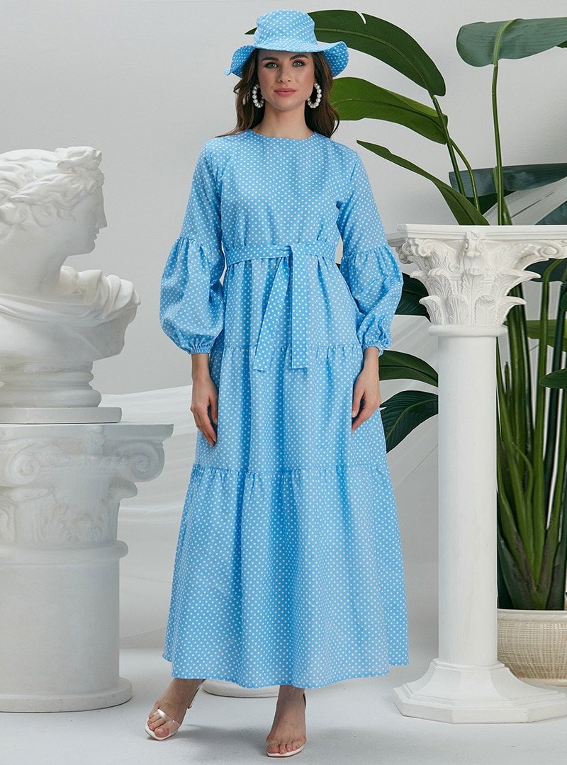 EBRAR Mavi Şapkalı Puantiyeli Elbise