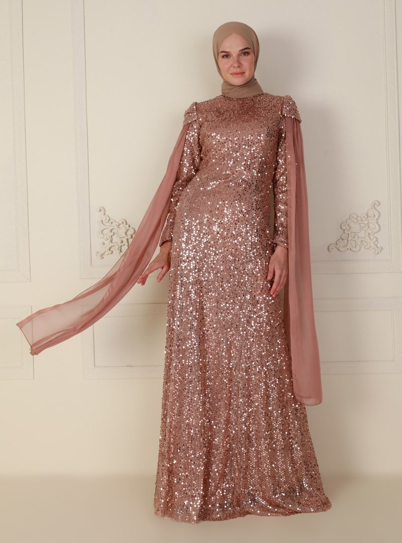 Al-Marah Gold Pul Detaylı Abiye Elbise