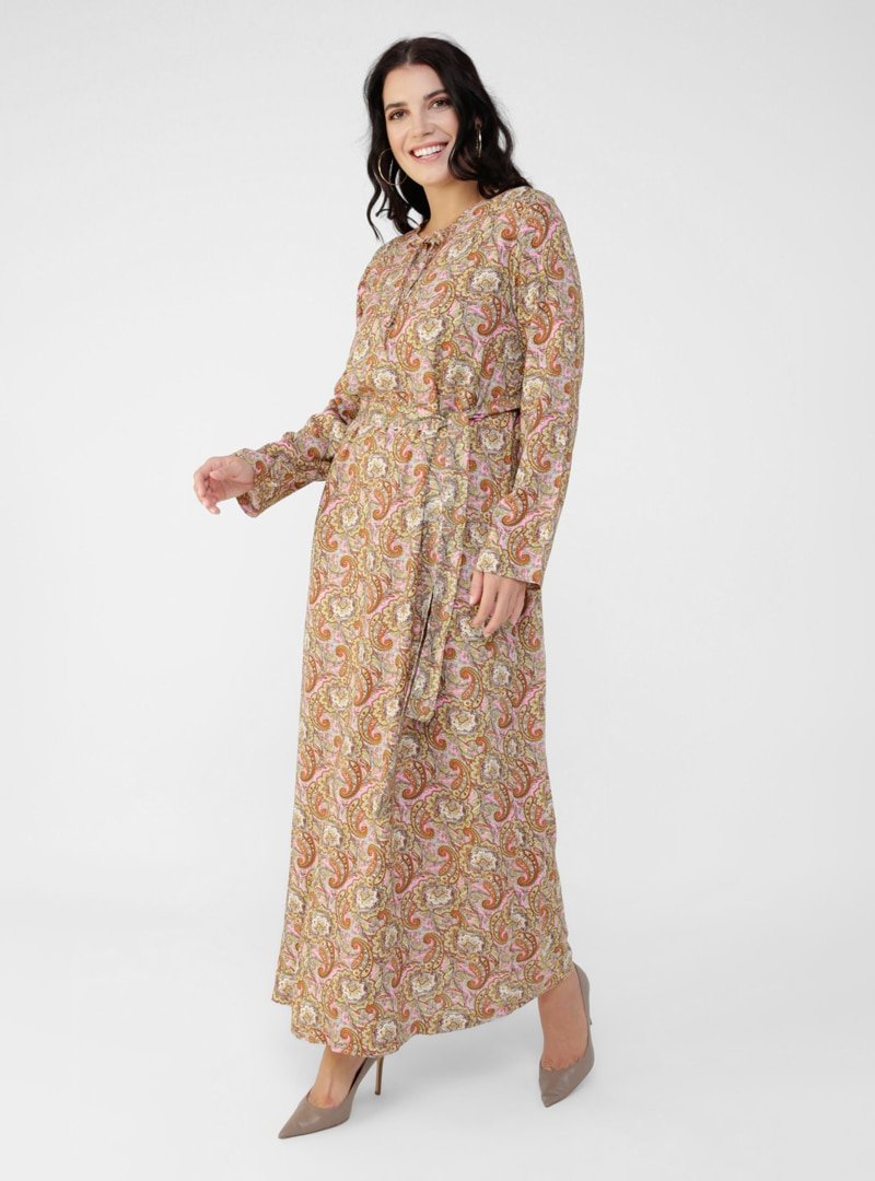 Alia Çok Renkli Büyük Beden Doğal Kumaşlı Şal Desenli Elbise
