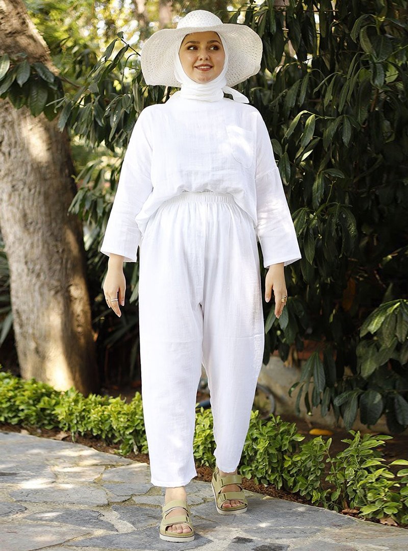 Ceylan Otantik Beyaz Müslin Salaş Tunik & Pantolon İkili Takım