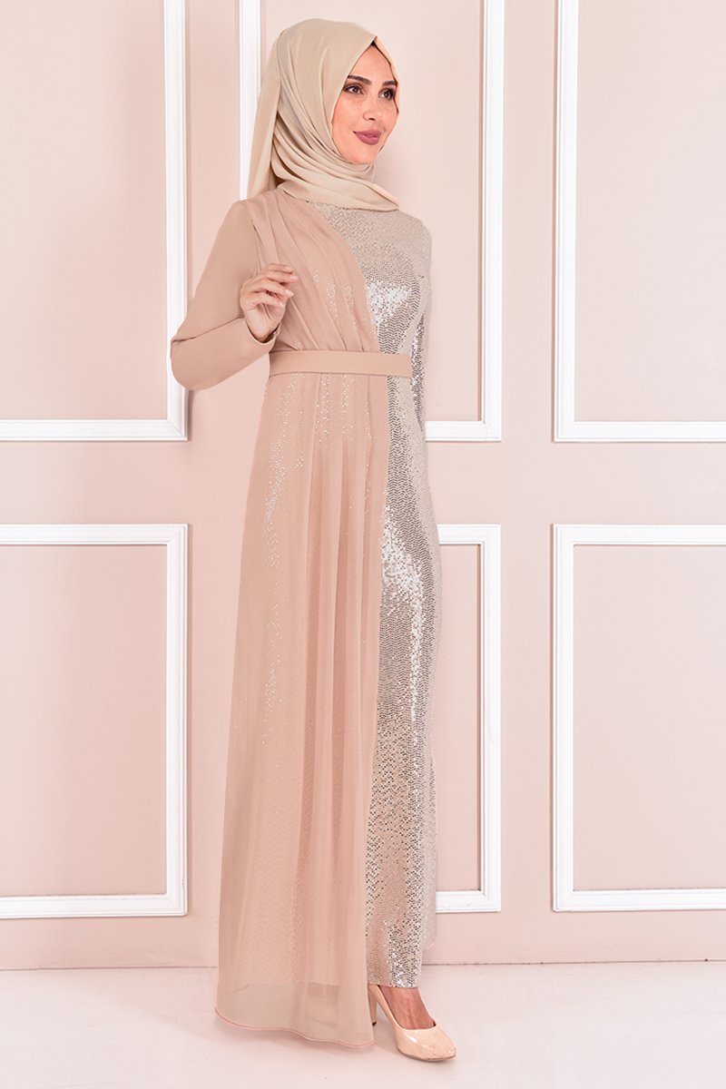 Moda Merve Bej Pul Payet Abiye Elbise
