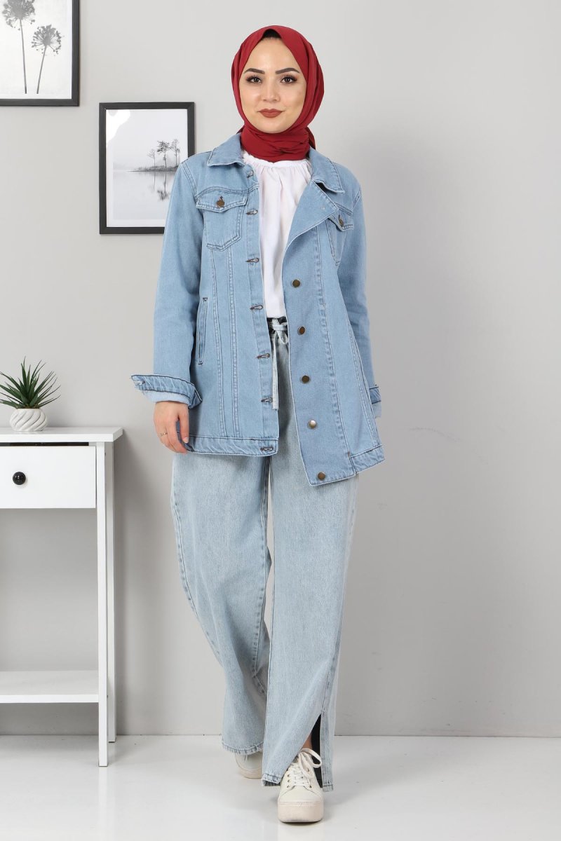 Tesettür Dünyası Çakım Düğmeli Kot Ceket Açık Mavi