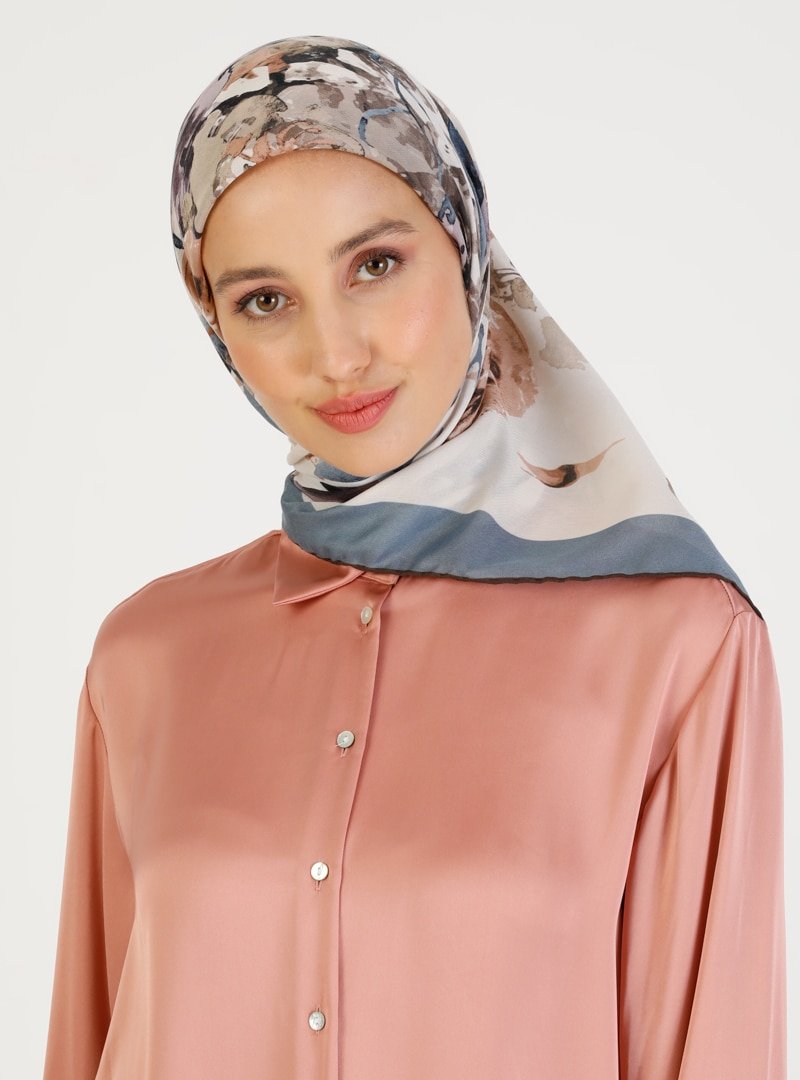 Miray Krem Mavi Soft Floral Desen Eşarp