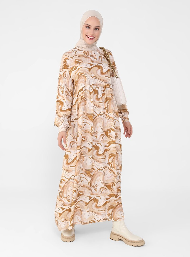 Refka Bronz Doğal Kumaşlı Desenli Elbise
