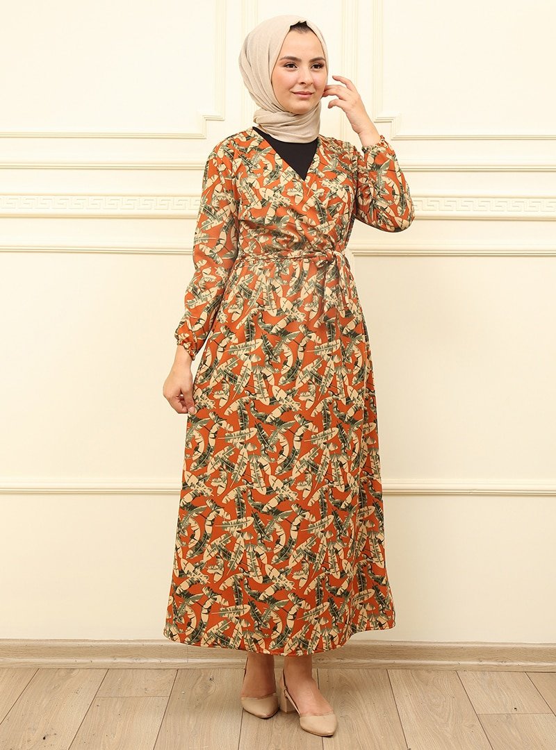 Moda Dua Kiremit Kemer Detaylı Elbise