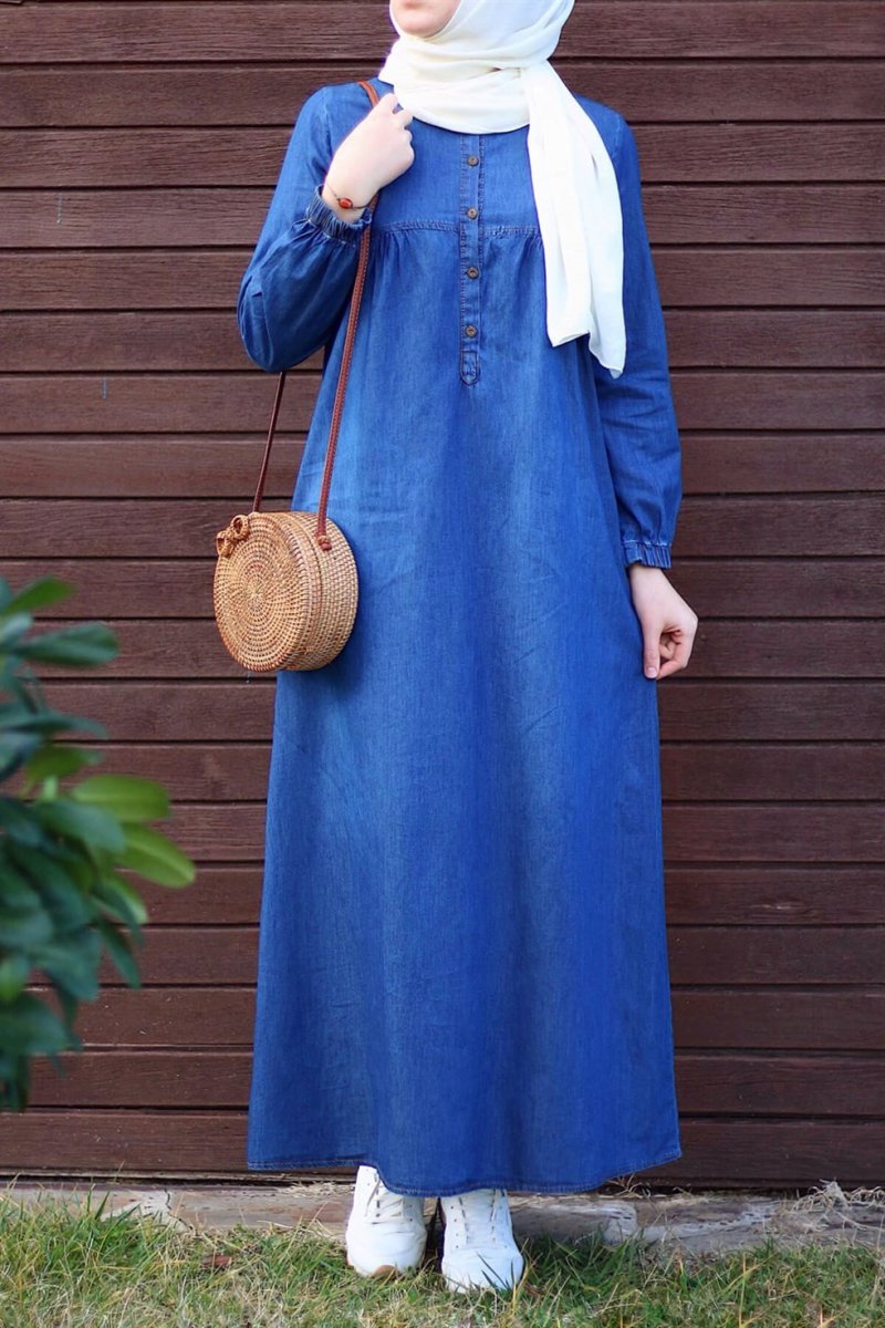 In Style Mavi Robalı Patlı Kot Elbise