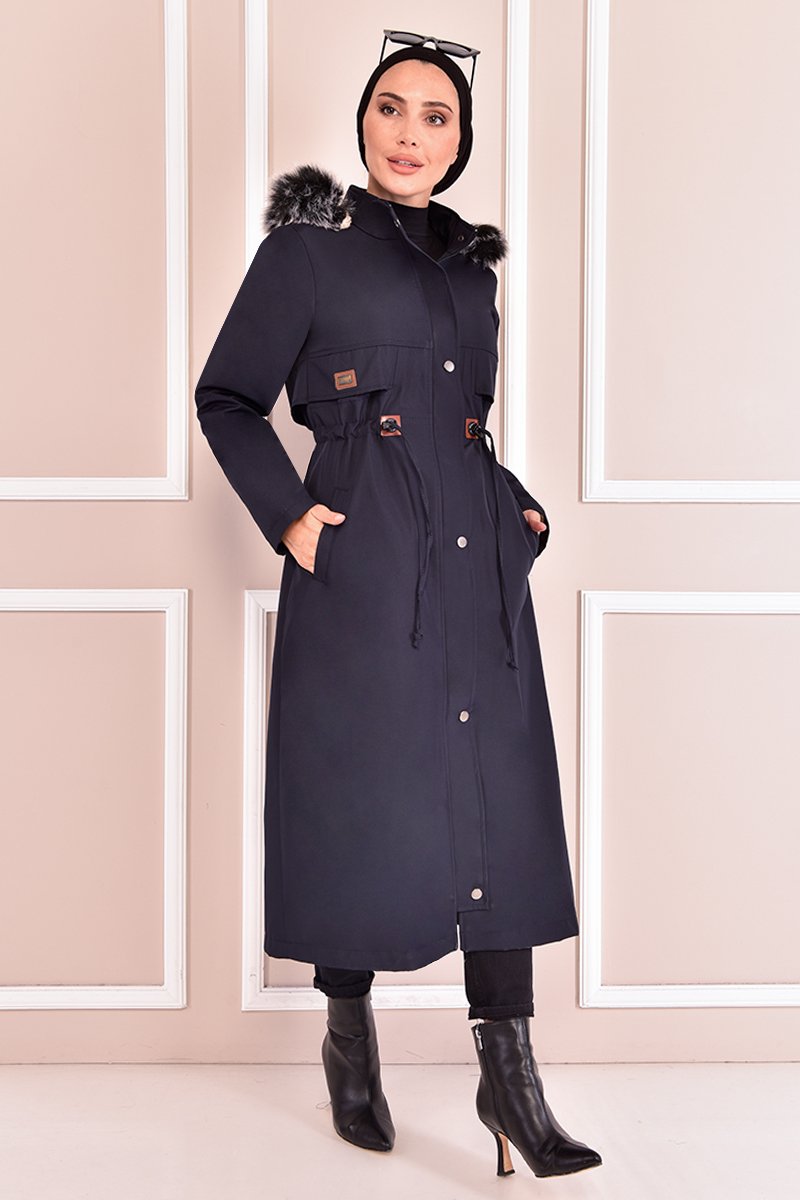 Moda Merve Kapüşonlu Kaban Lacivert