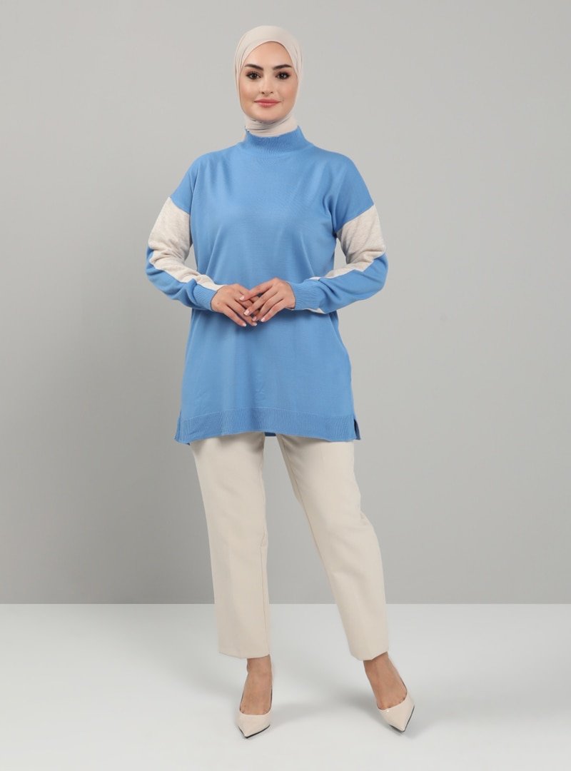 Tavin Mavi Bej Kolu Renk Detaylı Boğazlı Triko Tunik