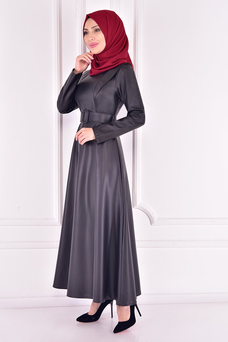 Moda Merve Siyah Deri Elbise