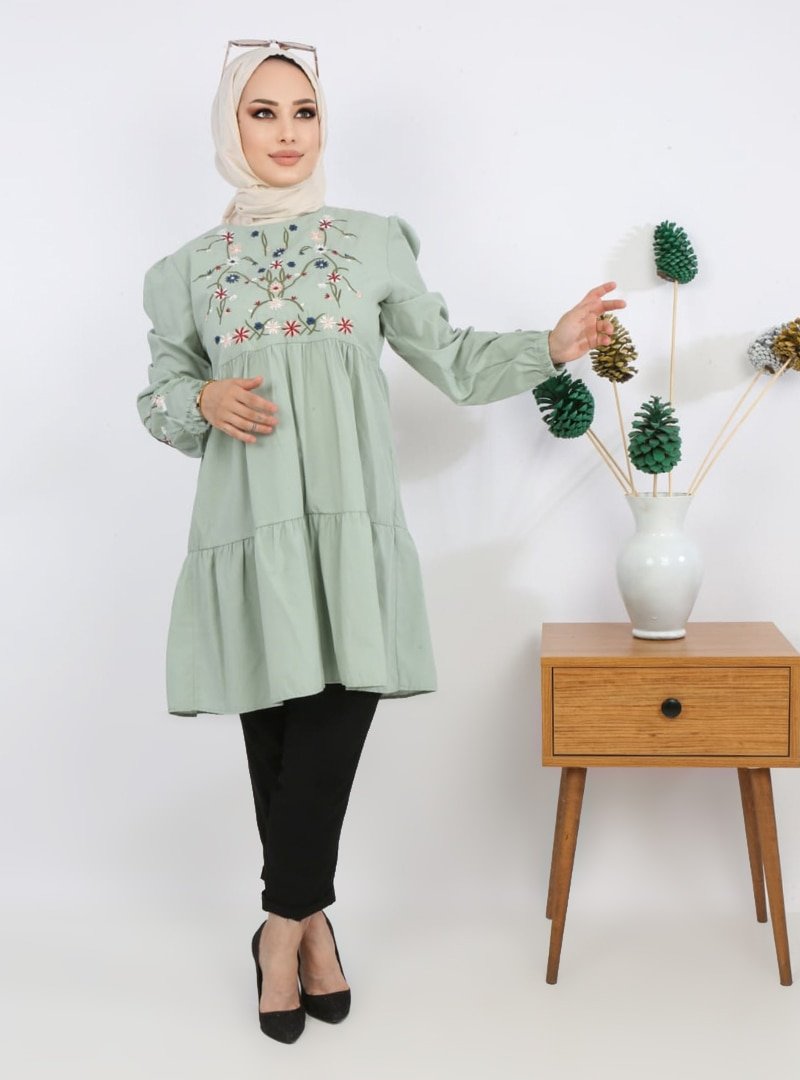 Pink Lady`s Açık Mint Göğüs Ve Kolları Nakışlı Katlı Tunik