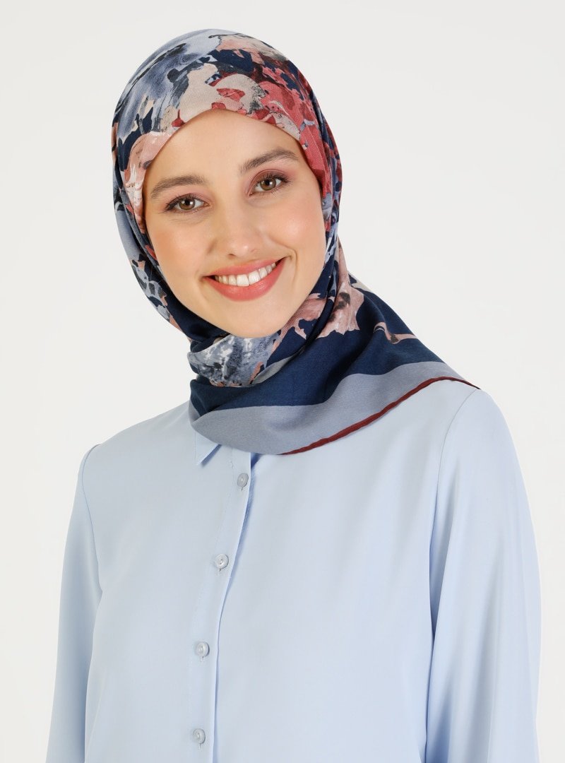 Miray Lacivert Mavi Soft Floral Desen Eşarp