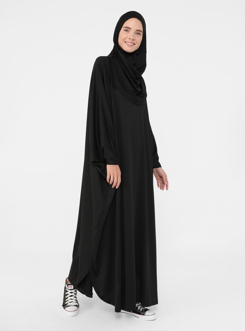 Refka Siyah Pamuklu Düz Renk Elbise