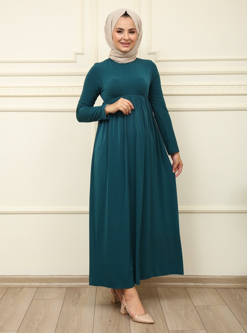 Moda Dua Zümrüt Beli Büzgülü Elbise