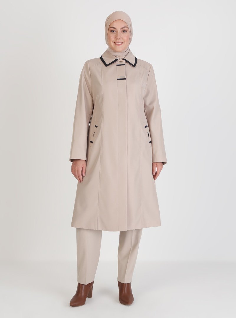 Olcay Taş Boydan Düğme Detaylı Trençkot