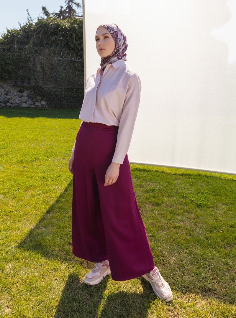 Yarece Mürdüm Bol Paça Pantolon