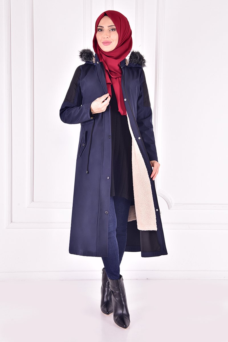 Moda Merve Kapüşonlu Kaban Lacivert