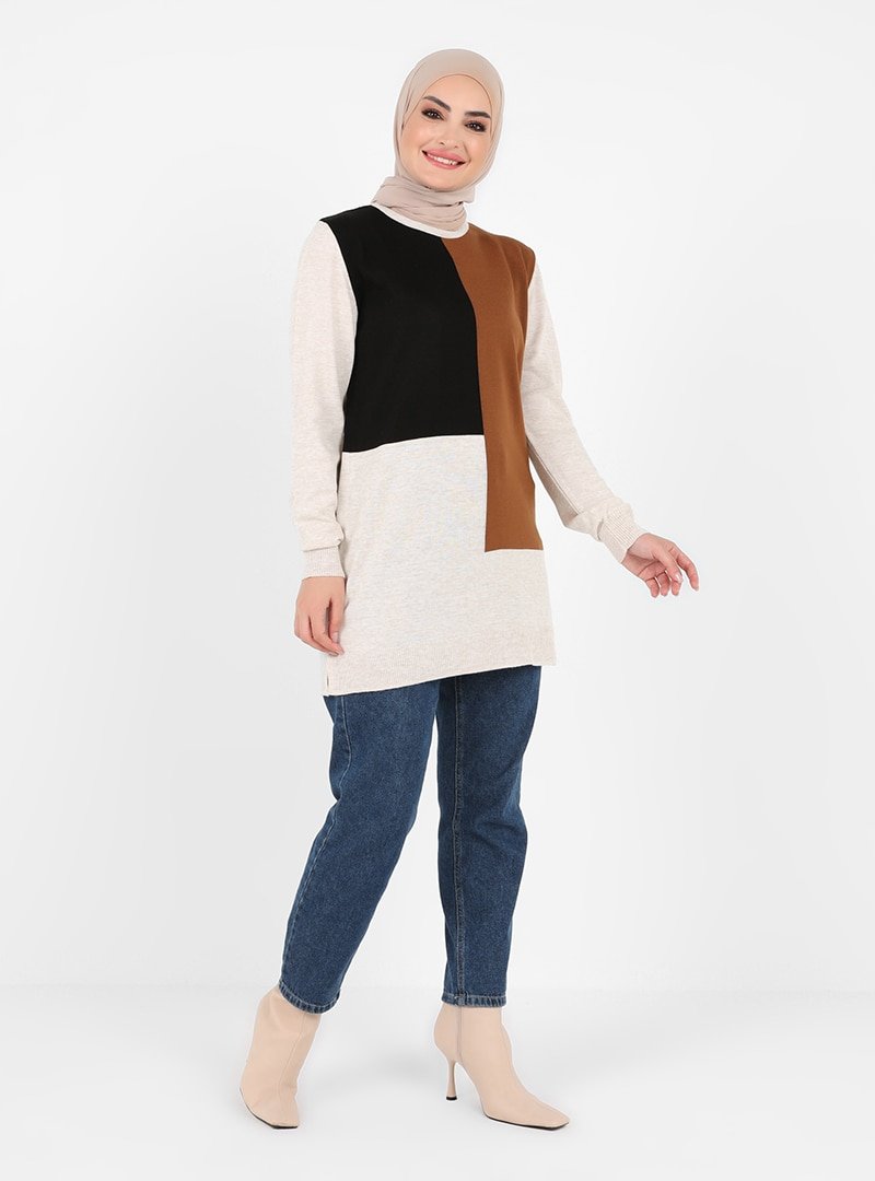 Tavin Ekru Bisiklet Yaka Color Block Triko Tunik