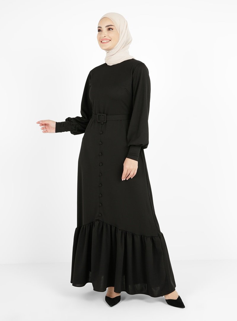 Tavin Siyah Kemerli Düğme Detaylı Elbise