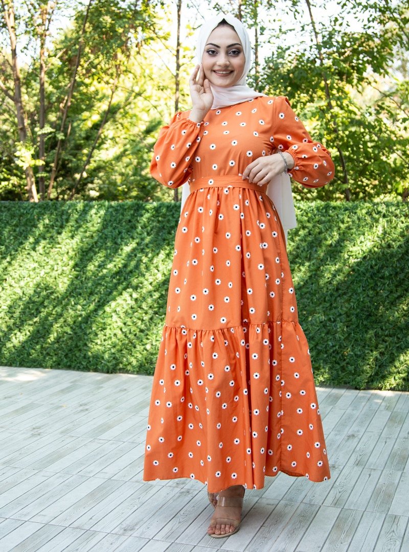 Sevit-Li Oranj Çiçek Desenli Elbise